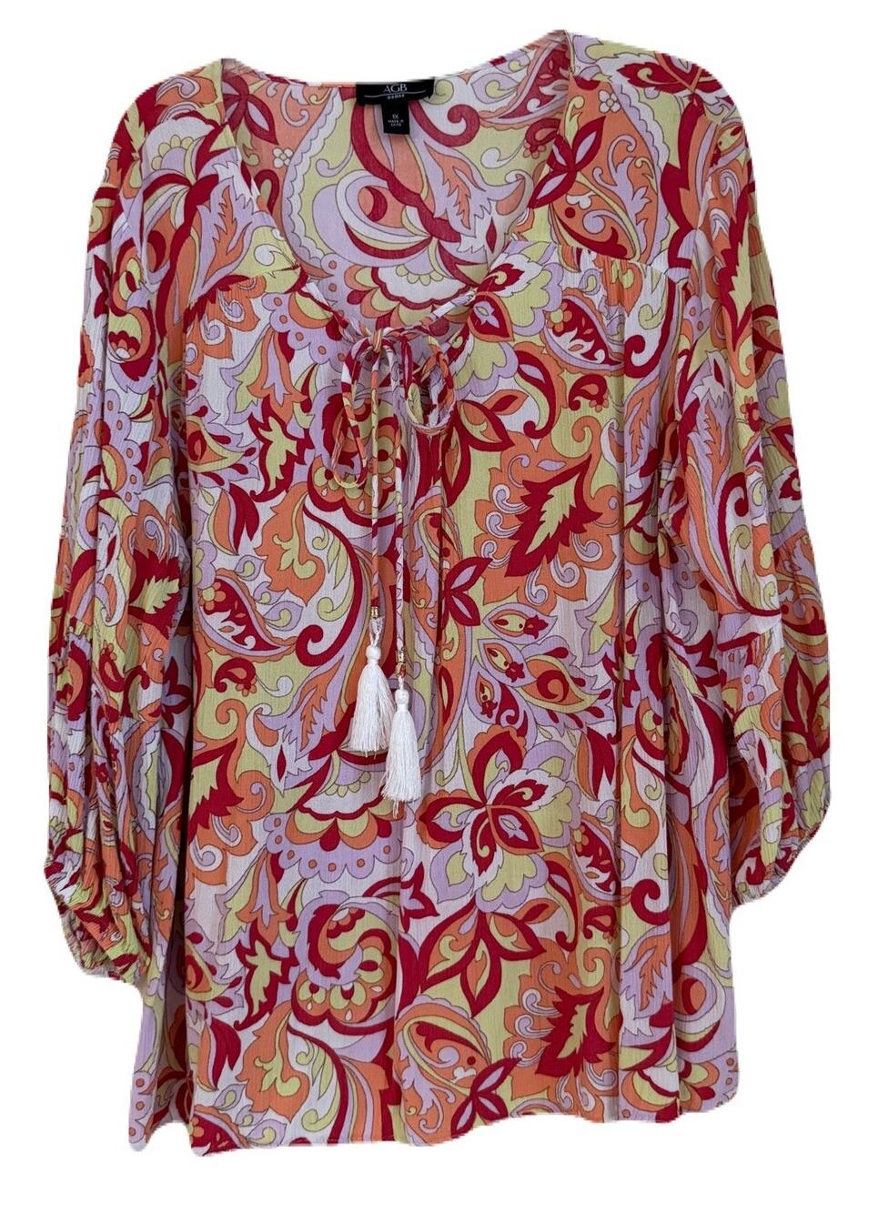 AGB Women Paisley Print Tunic Top Sz 1X - Pink, Red, Orange, Yellow